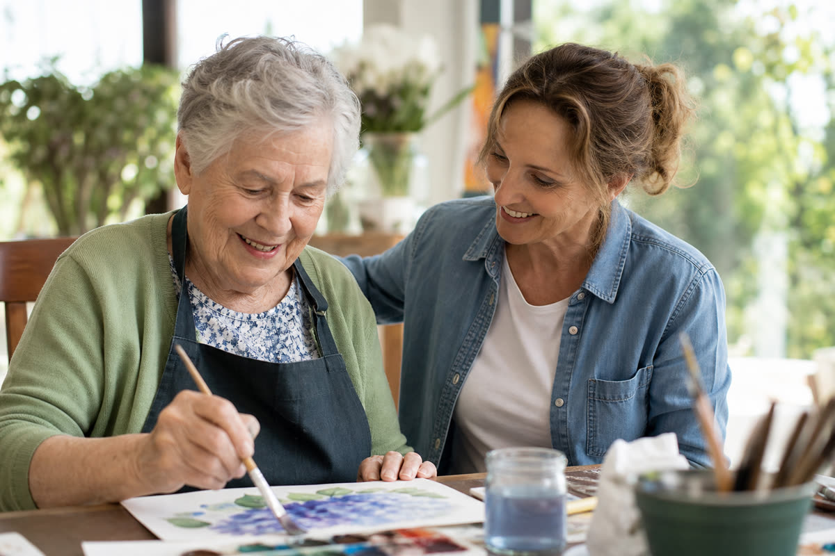 Senior taking part in purposeful leisure with companionship