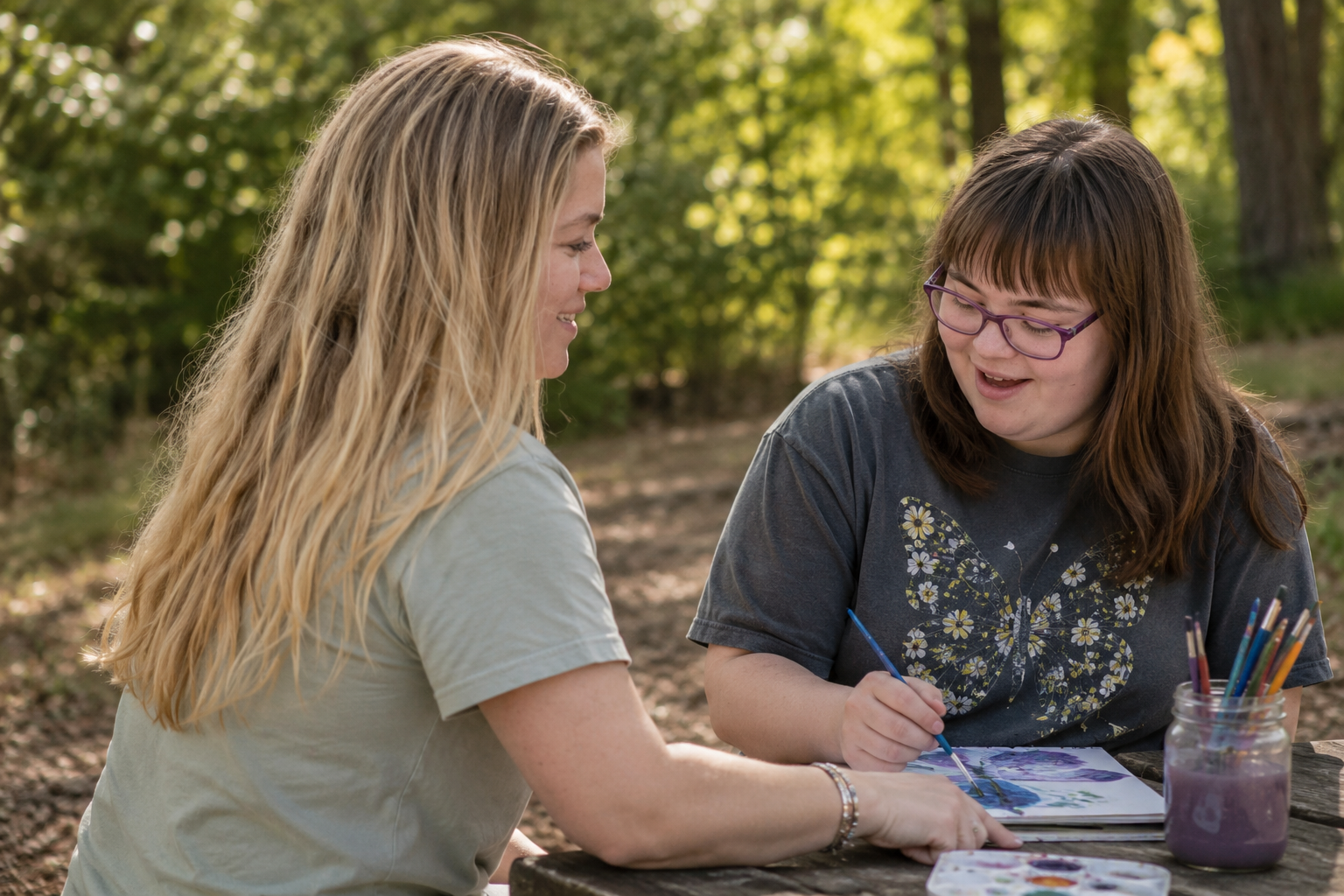 Rebecca supporting a young person during an outdoor art activity